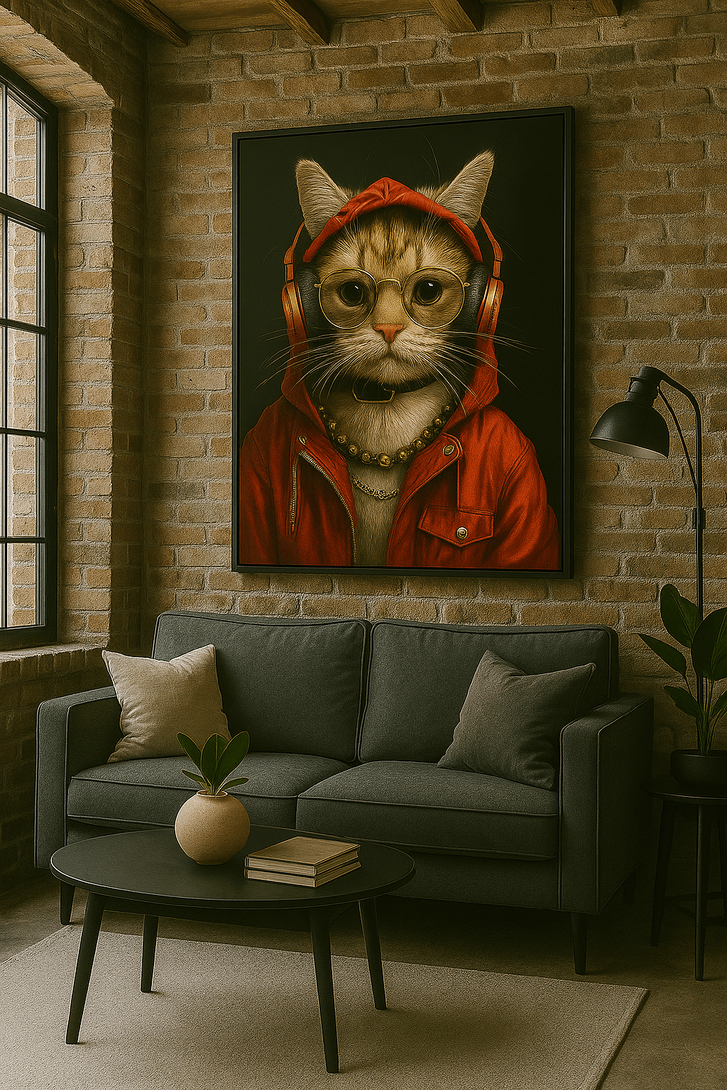 Tableau contemporain 'Mélodie Féline' accroché dans un salon moderne, représentant un chat stylé avec casque audio et hoodie rouge.
