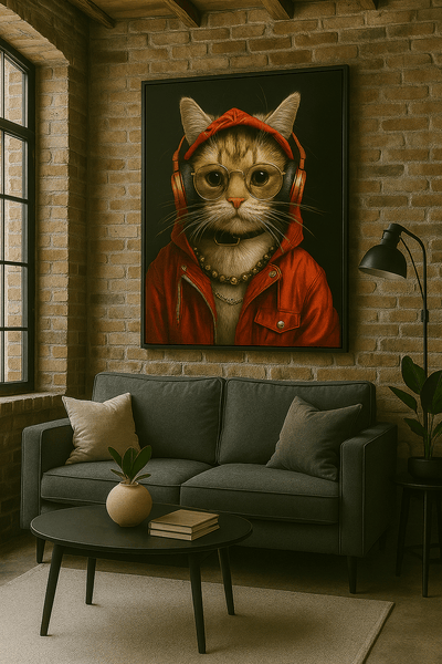 Tableau contemporain 'Mélodie Féline' accroché dans un salon moderne, représentant un chat stylé avec casque audio et hoodie rouge.