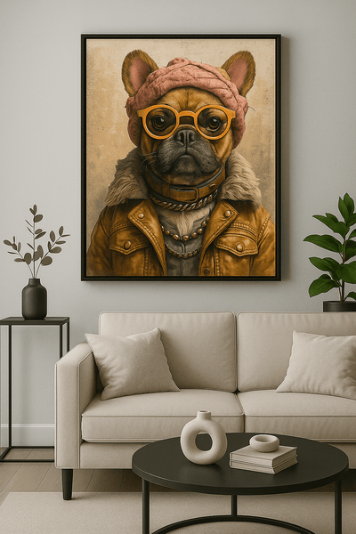 Bouledogue Street Art - Tableau Art Urbain accroché au mur d’un salon moderne, représentant un bouledogue stylé en blouson et bonnet rose.