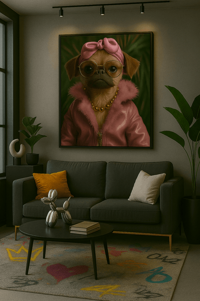 Bouledogue rose glamour dans un salon moderne, tableau 'Diva Canine' apportant une touche d'art sophistiqué à la décoration murale.