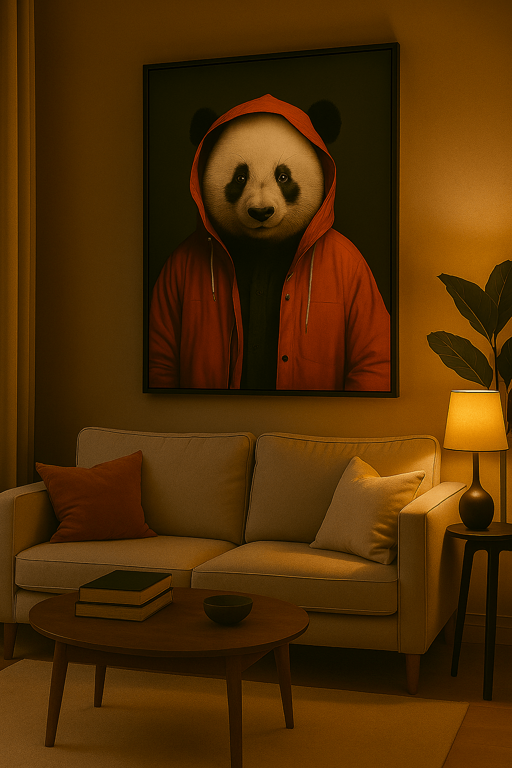 Tableau art contemporain 'Panda à capuche rouge' accroché au mur d’un salon moderne, parfait pour une décoration zen et urbaine.