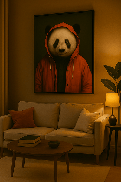 Tableau art contemporain 'Panda à capuche rouge' accroché au mur d’un salon moderne, parfait pour une décoration zen et urbaine.