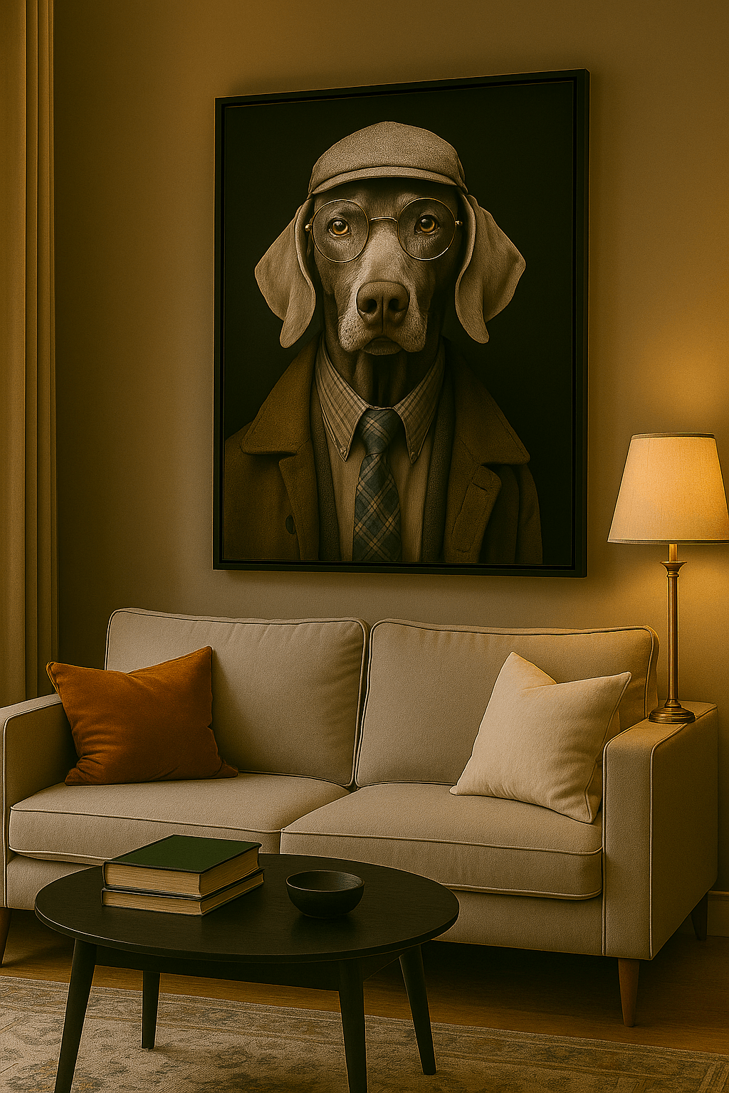 Tableau 'L'Intellectuel' représentant un chien élégant à lunettes dans un salon moderne. Art mural sophistiqué pour décoration intérieure chic.