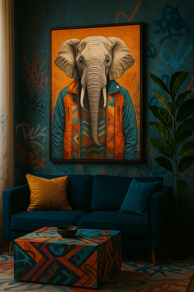 Tableau 'L'Éclectique' accroché dans un salon urbain, représentant un éléphant en veste colorée sur fond orange. Art mural contemporain et audacieux.