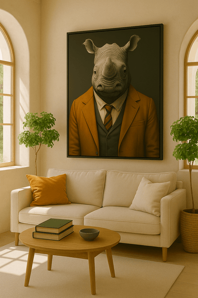 Tableau design 'Business Sauvage' représentant un rhinocéros en costume orange, accroché dans un salon moderne avec canapé beige et plantes vertes.