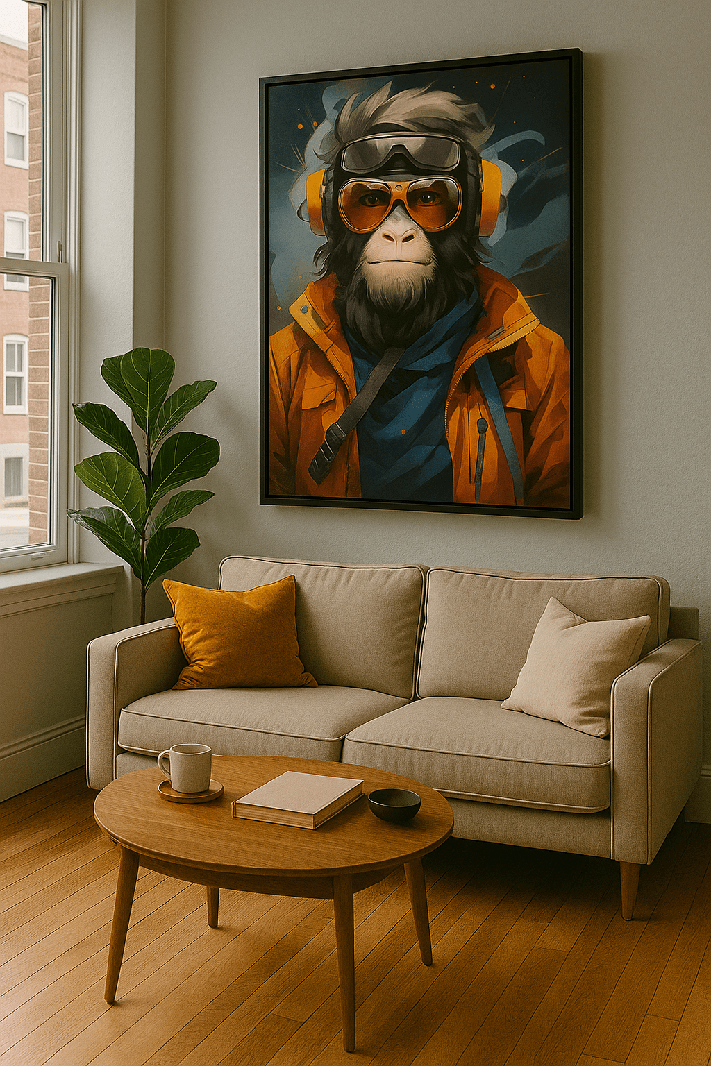 Tableau 'L'Auditeur' accroché dans un salon moderne, représentant un singe en casque audio dans un style art contemporain mural.