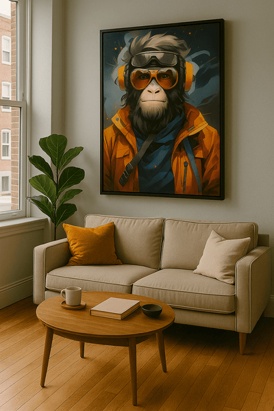 Tableau 'L'Auditeur' accroché dans un salon moderne, représentant un singe en casque audio dans un style art contemporain mural.