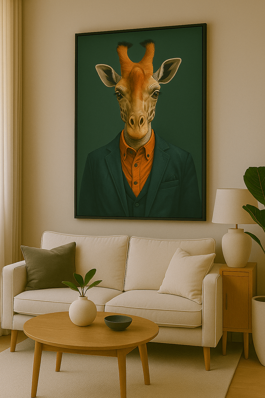 Tableau design 'L'Élégant' représentant une girafe en costume chic, accroché dans un salon moderne. Idéal pour une déco murale originale.