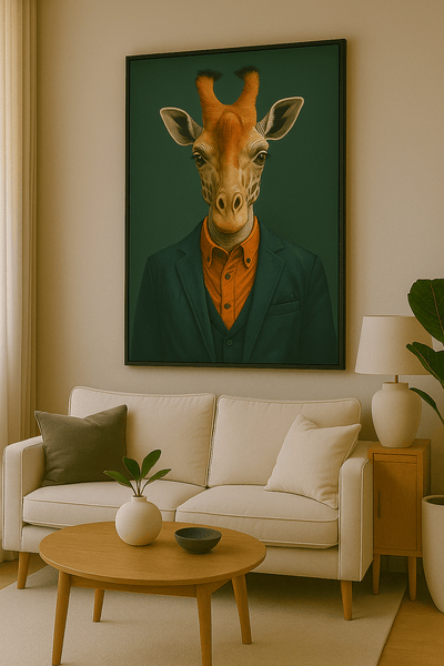 Tableau design 'L'Élégant' représentant une girafe en costume chic, accroché dans un salon moderne. Idéal pour une déco murale originale.