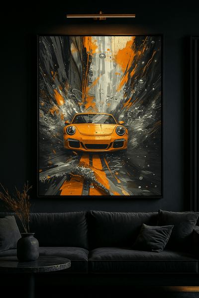 Impact Dynamique - Porsche 911 Jaune - Art Explosif Contemporain accroché dans un salon moderne, tableau vibrant aux éclaboussures dynamiques.
