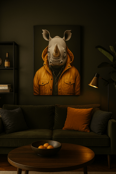 Tableau art contemporain 'Rhinocéros en veste orange' accroché dans un salon moderne, parfait pour une décoration murale audacieuse.