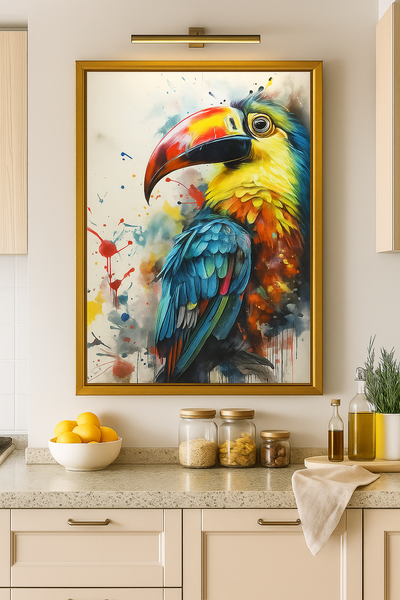 Tableau 'Plumage Éclatant – Toucan Coloré' accroché dans une cuisine moderne, ajoutant une touche d’art contemporain vibrant à la décoration murale.