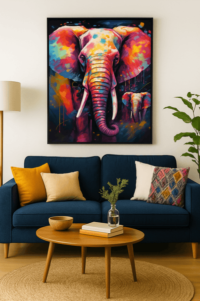 Tableau 'Éléphant Chromatique - Explosion de Couleurs - Art Contemporain' accroché au mur d’un salon moderne avec canapé bleu et déco chaleureuse.