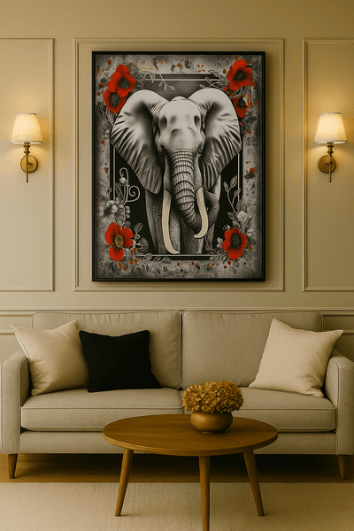 Tableau 'Majesté Sereine – Éléphant Fleuri' accroché dans un salon élégant, art contemporain noir et blanc avec fleurs rouges, décoration murale luxe.