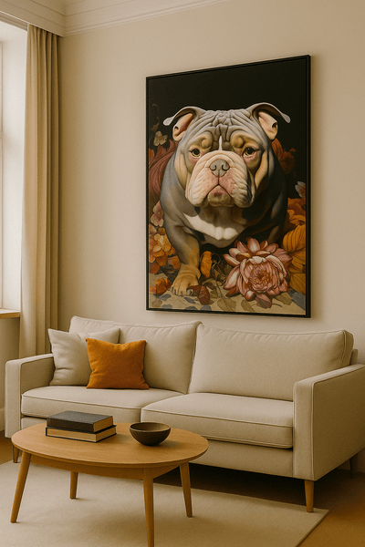 Bouledogue Anglais avec Fleurs - Tableau Art Réaliste accroché dans un salon moderne, parfait pour une décoration intérieure élégante.