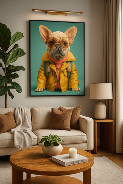 Tableau 'Voyageur Stylé' accroché dans un salon moderne, représentant un bouledogue français en veste jaune. Art contemporain idéal pour déco originale.