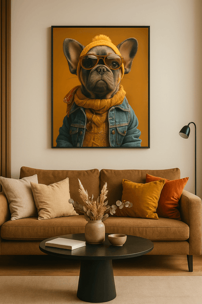 Tableau 'L’Hipster' représentant un bouledogue en tenue hivernale stylée, accroché au mur d’un salon moderne. Art urbain pour déco tendance.