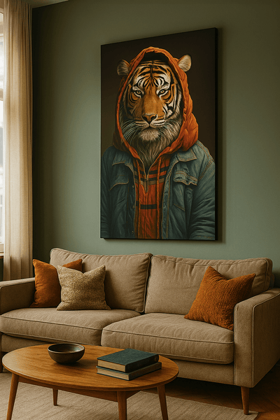 Tableau 'Majesté Urbaine - Portrait de Tigre' accroché dans un salon moderne, parfait pour une décoration murale contemporaine et audacieuse.