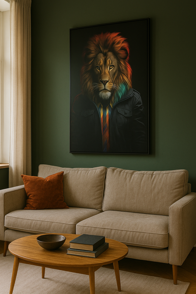 Tableau 'Le Roi Moderne' représentant un lion majestueux en cravate colorée, accroché dans un salon moderne au mur vert foncé.