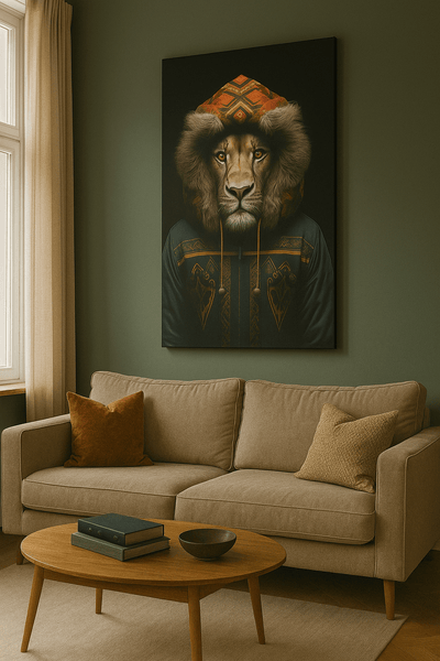 Tableau 'Esprit Tribal' représentant un lion à capuche ethnique accroché dans un salon moderne. Art mural tribal pour décoration intérieure.