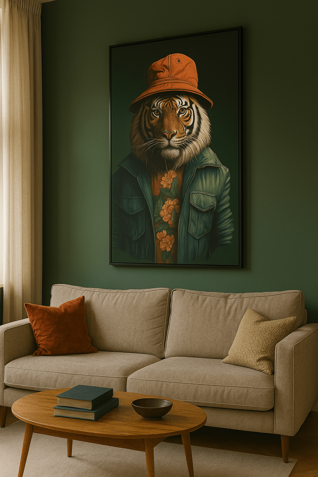 Tableau design contemporain 'Urban Safari' représentant un tigre en veste verte et chapeau orange, accroché dans un salon moderne aux tons verts.