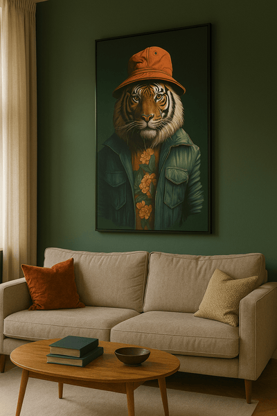Tableau design contemporain 'Urban Safari' représentant un tigre en veste verte et chapeau orange, accroché dans un salon moderne aux tons verts.