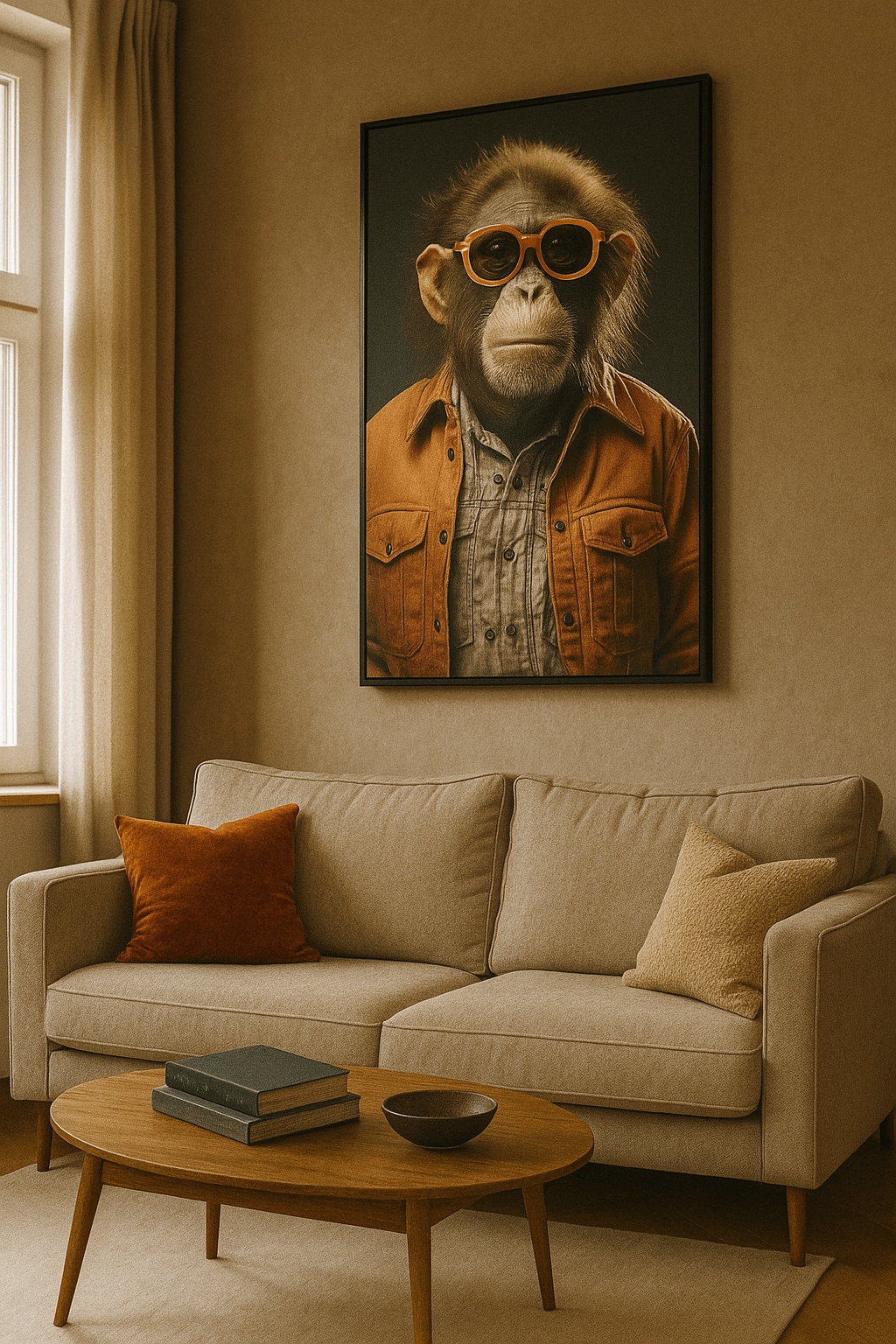 Tableau art contemporain 'Chimpanzé stylé avec lunettes' accroché dans un salon moderne, parfait pour une décoration originale et vintage.