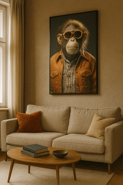 Tableau art contemporain 'Chimpanzé stylé avec lunettes' accroché dans un salon moderne, parfait pour une décoration originale et vintage.