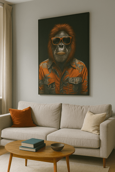 Tableau 'Fashion Week – Impression artistique sur toile' représentant un orang-outan stylé avec lunettes rouges dans un salon moderne. Art contemporain original pour décoration murale chic.
