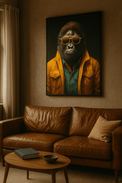 Gorille à lunettes jaunes - Tableau art urbain accroché dans un salon moderne avec canapé en cuir. Idéal pour une décoration design et audacieuse.