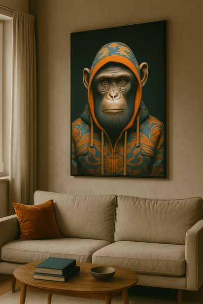 Tableau 'Motifs Ancestraux' accroché au mur d’un salon moderne, représentant un chimpanzé en hoodie aux motifs géométriques. Art contemporain urbain idéal pour une décoration tendance.