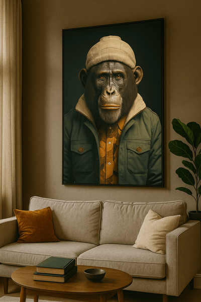 Tableau 'Chimpanzé pensif au bonnet' accroché dans un salon moderne, ajoutant une touche d’art contemporain à la décoration murale.