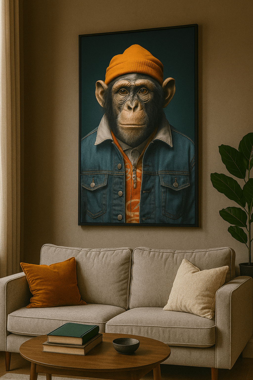 Tableau 'Streetwear – Impression artistique sur toile' accroché dans un salon moderne, représentant un chimpanzé en bonnet orange et veste en jean. Art contemporain urbain idéal pour une décoration stylée et originale.
