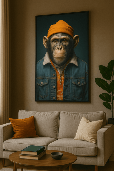 Tableau 'Streetwear – Impression artistique sur toile' accroché dans un salon moderne, représentant un chimpanzé en bonnet orange et veste en jean. Art contemporain urbain idéal pour une décoration stylée et originale.