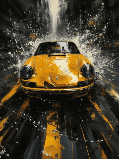 Impression artistique sur toile d'une Porsche jaune éclaboussant une rue urbaine, style expressionniste dynamique et cinétique.
