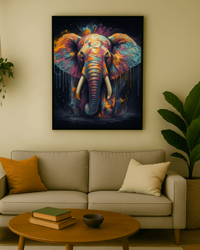 Tableau 'Essence Éthérique – Éléphant Fluide' accroché dans un salon moderne, ajoutant une touche d’art contemporain vibrant et mystique.