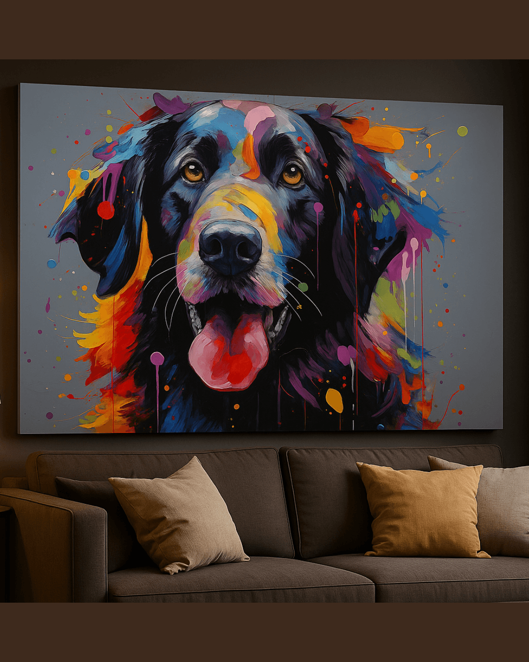 Border Collie multicolore dans un style pop art éclaboussé, accroché au mur d’un salon moderne. Tableau contemporain pour décoration murale expressive.