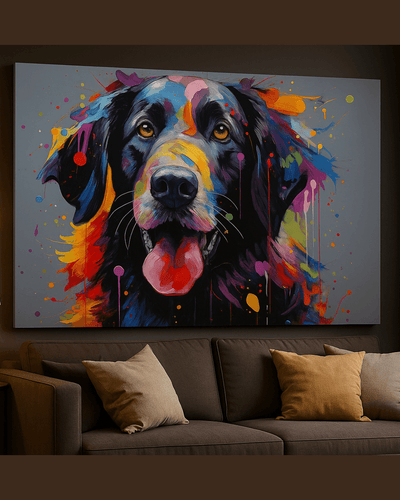 Border Collie multicolore dans un style pop art éclaboussé, accroché au mur d’un salon moderne. Tableau contemporain pour décoration murale expressive.
