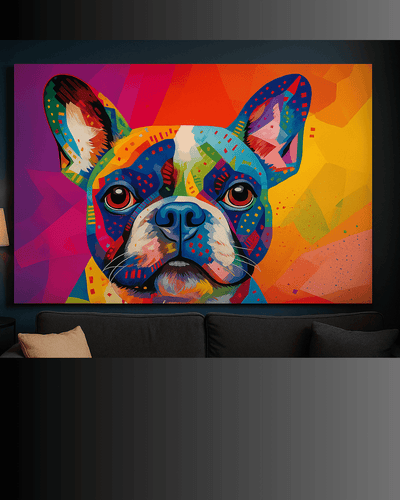 Bouledogue français pop art - Tableau coloré accroché au mur au-dessus d’un canapé, ajoutant une touche urbaine et vibrante au salon.