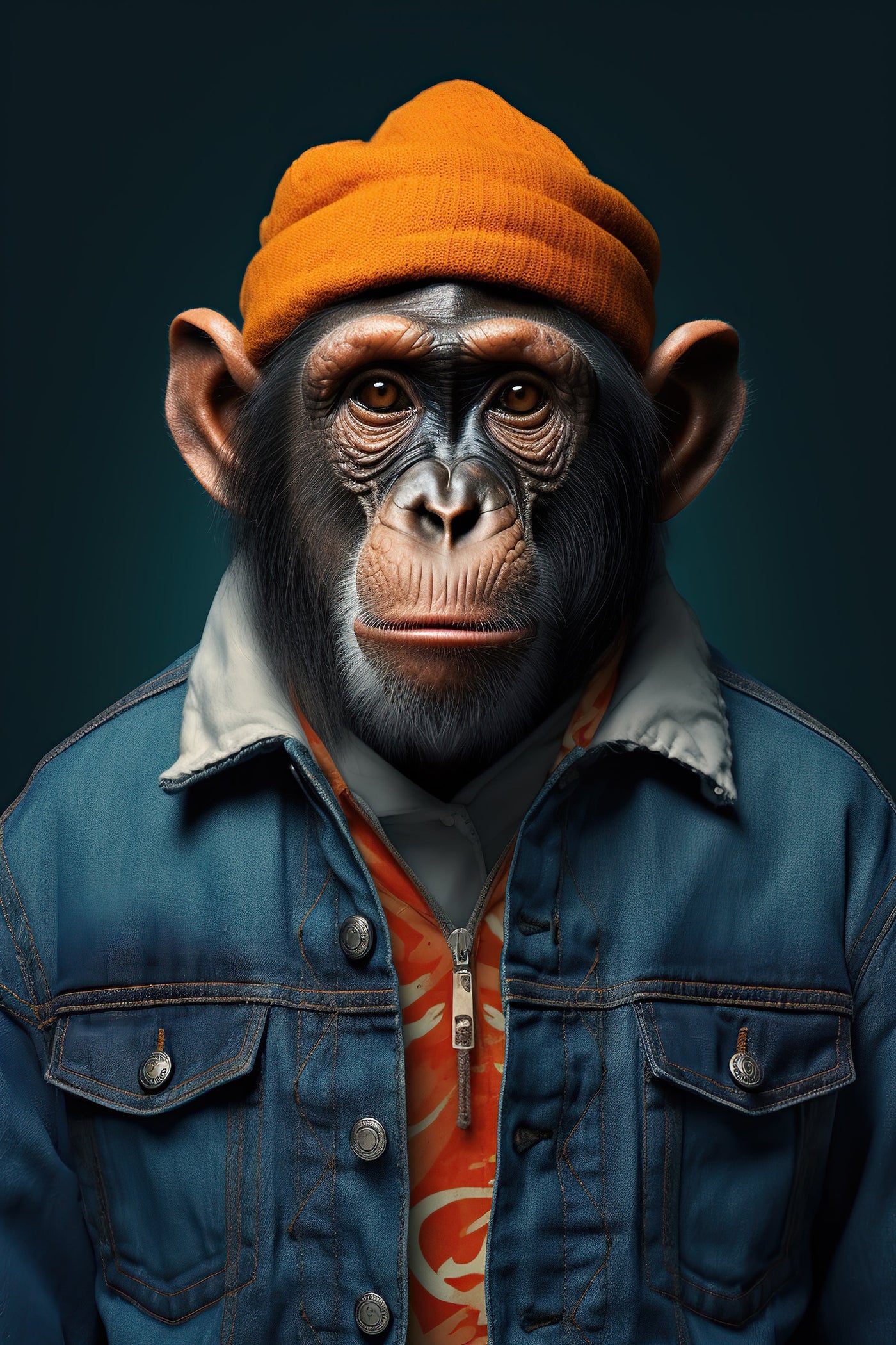 Portrait détaillé du tableau 'Chimpanzé au bonnet orange - Art contemporain urbain', montrant un chimpanzé habillé en streetwear avec un regard expressif. Œuvre visuelle audacieuse pour intérieur tendance.