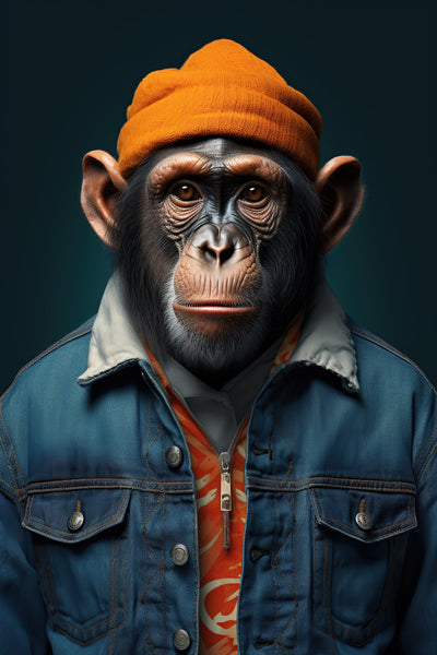 Portrait détaillé du tableau 'Chimpanzé au bonnet orange - Art contemporain urbain', montrant un chimpanzé habillé en streetwear avec un regard expressif. Œuvre visuelle audacieuse pour intérieur tendance.