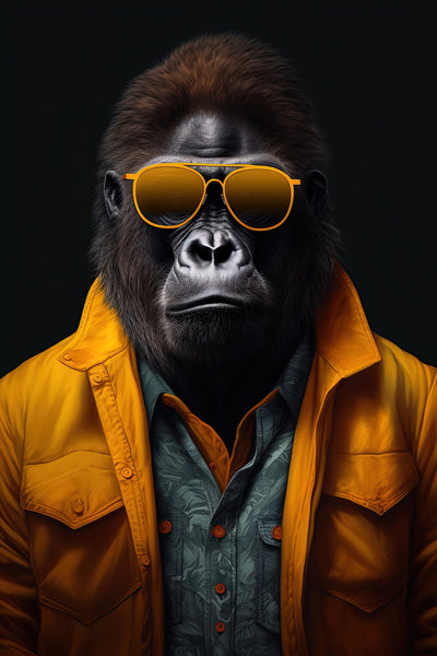 Le Visionnaire – Portrait stylisé d’un gorille en veste orange et chemise verte, portant des lunettes jaunes. Art contemporain au style urbain affirmé.
