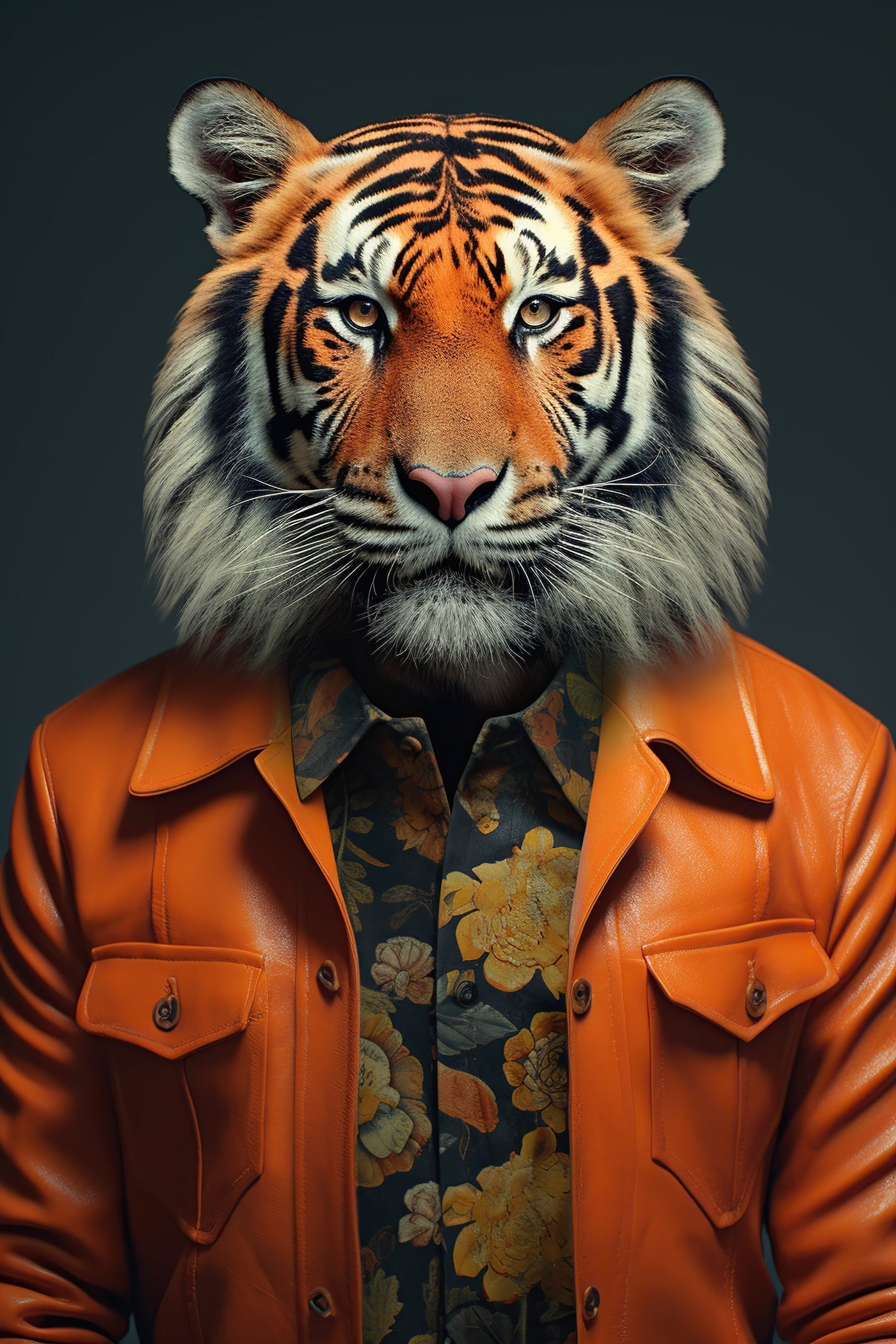 Portrait artistique d’un tigre élégant en veste cuir orange et chemise à motifs floraux, œuvre contemporaine de la collection 'Tigre élégant en veste fleurie'.