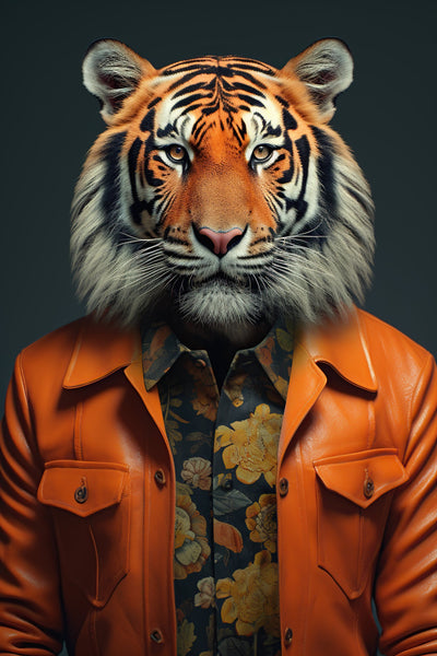 Portrait artistique d’un tigre élégant en veste cuir orange et chemise à motifs floraux, œuvre contemporaine de la collection 'Tigre élégant en veste fleurie'.
