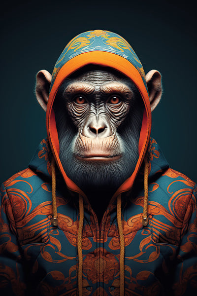Portrait artistique d’un chimpanzé en hoodie orné de motifs géométriques orange et bleus. Œuvre graphique mêlant streetwear et symbolisme tribal.