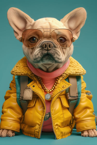 Voyageur Stylé - Bouledogue Français en veste jaune, lunettes et collier doré sur fond turquoise. Illustration canine chic et tendance en art contemporain.