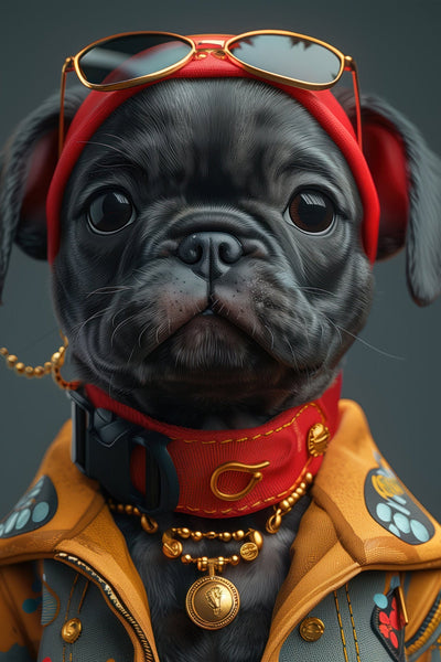 Portrait détaillé du tableau 'Carlin Sophistiqué' montrant un carlin noir avec lunettes, foulard rouge et veste stylée. Art contemporain premium et original.