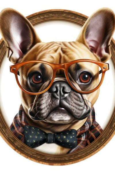 Portrait artistique d’un bouledogue humanisé avec lunettes et nœud papillon, dans un cadre rond raffiné, style académique et humoristique.