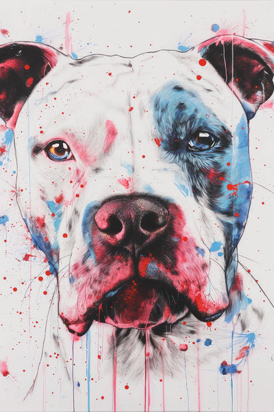 Portrait artistique d’un pitbull en style expressionniste, éclaboussé de couleurs patriotiques. Œuvre vibrante mêlant force canine et émotion urbaine.
