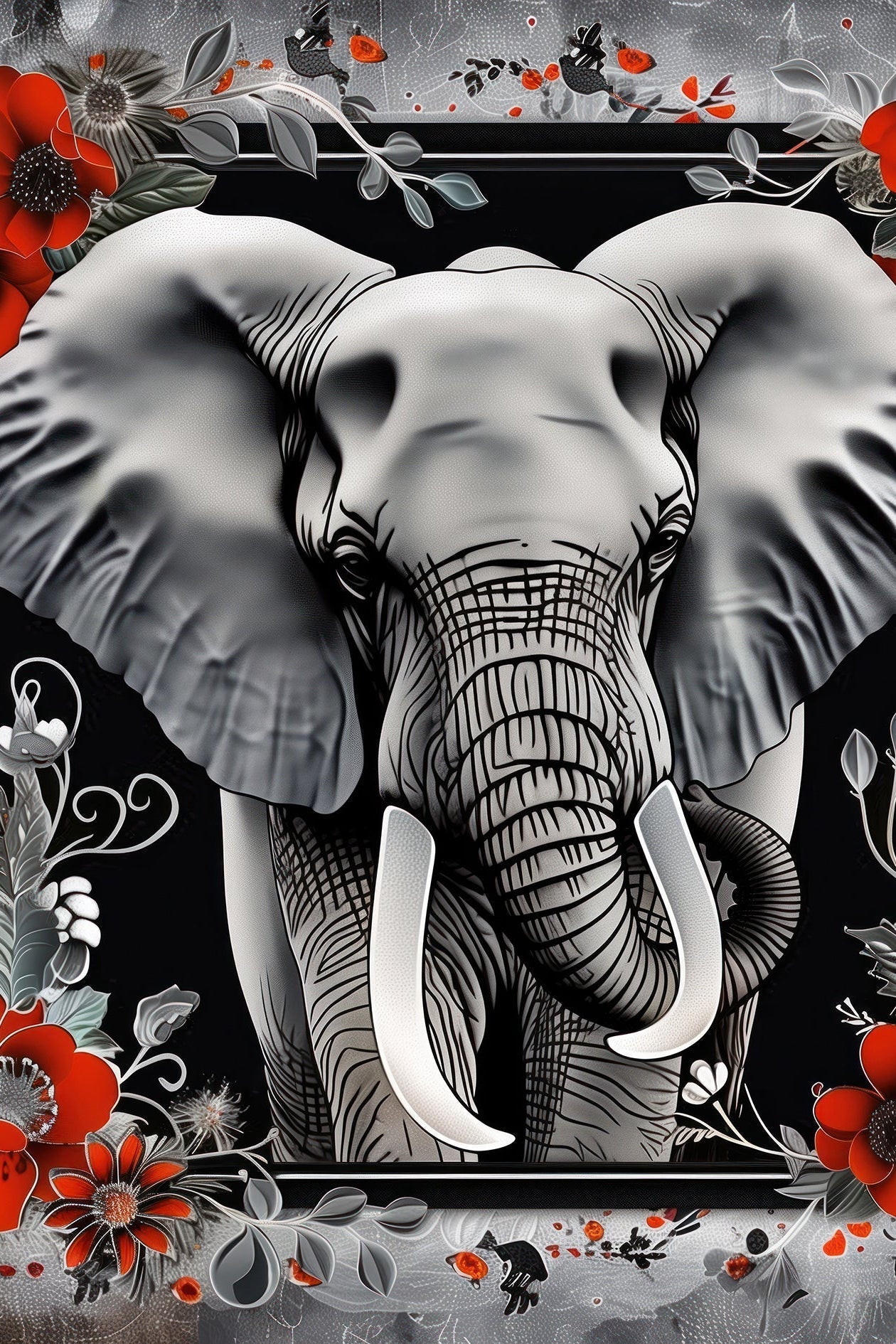 Gros plan du tableau 'Majesté Sereine – Éléphant Fleuri', éléphant majestueux entouré de fleurs rouges, art floral et animalier contemporain.